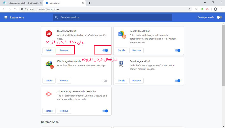 آموزش حذف افزونه های مرورگر گوگل کروم (Google Chrome)