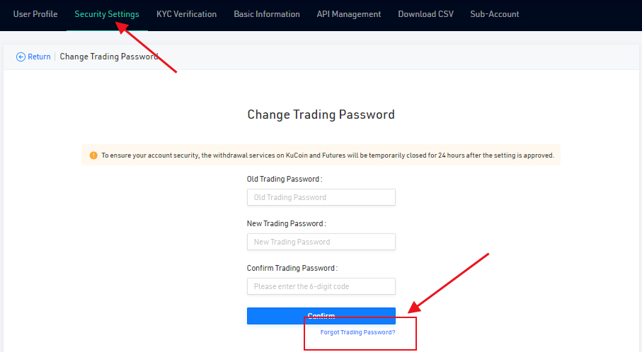 آموزش بازیابی و ریست Trading Password صرافی کوکوین (Kucoin) در صورت فراموشی